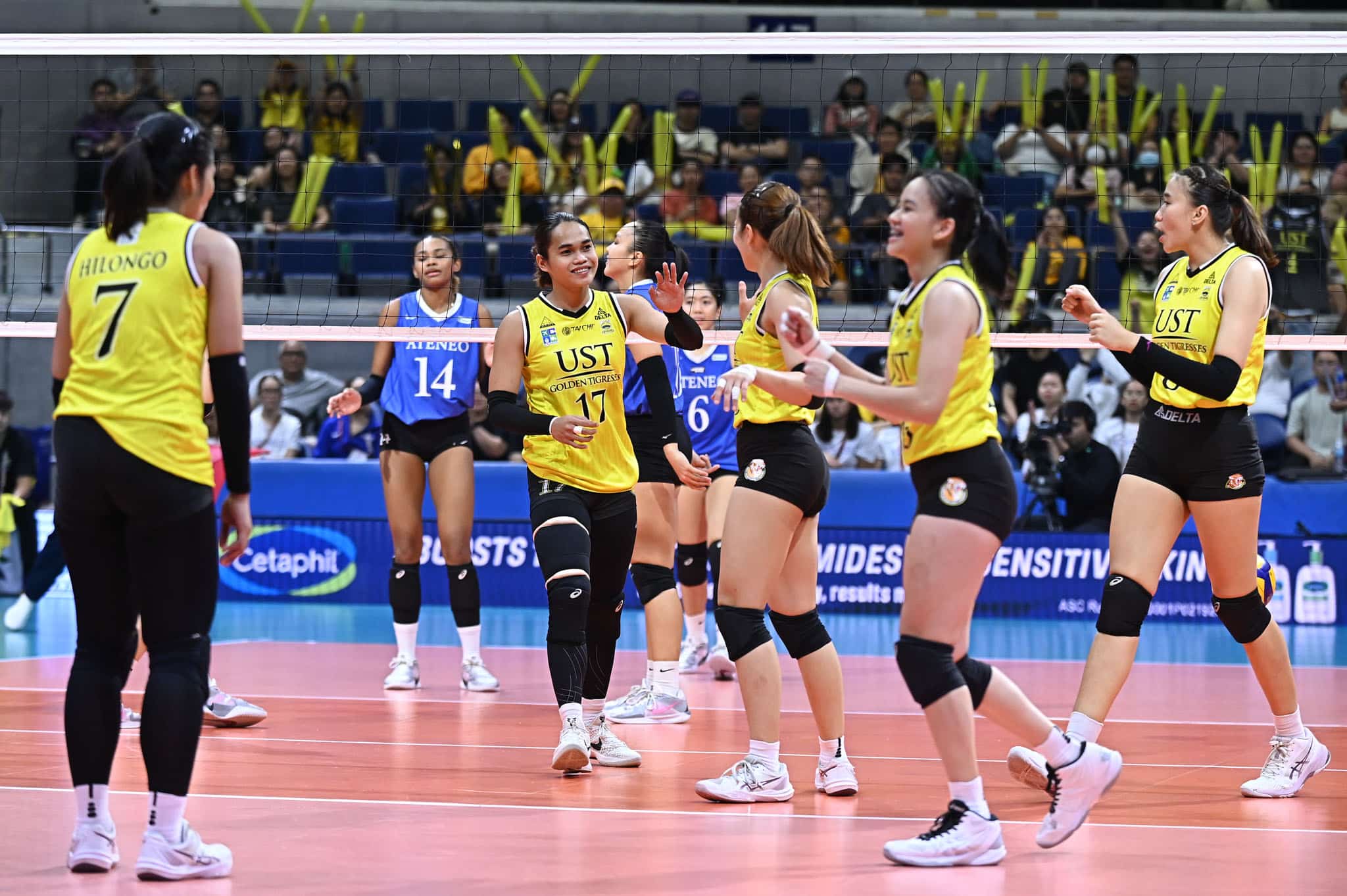 UST Tigresses in the UAAP Season 87 women's volleyball tournament game against Ateneo Blue Eagles.