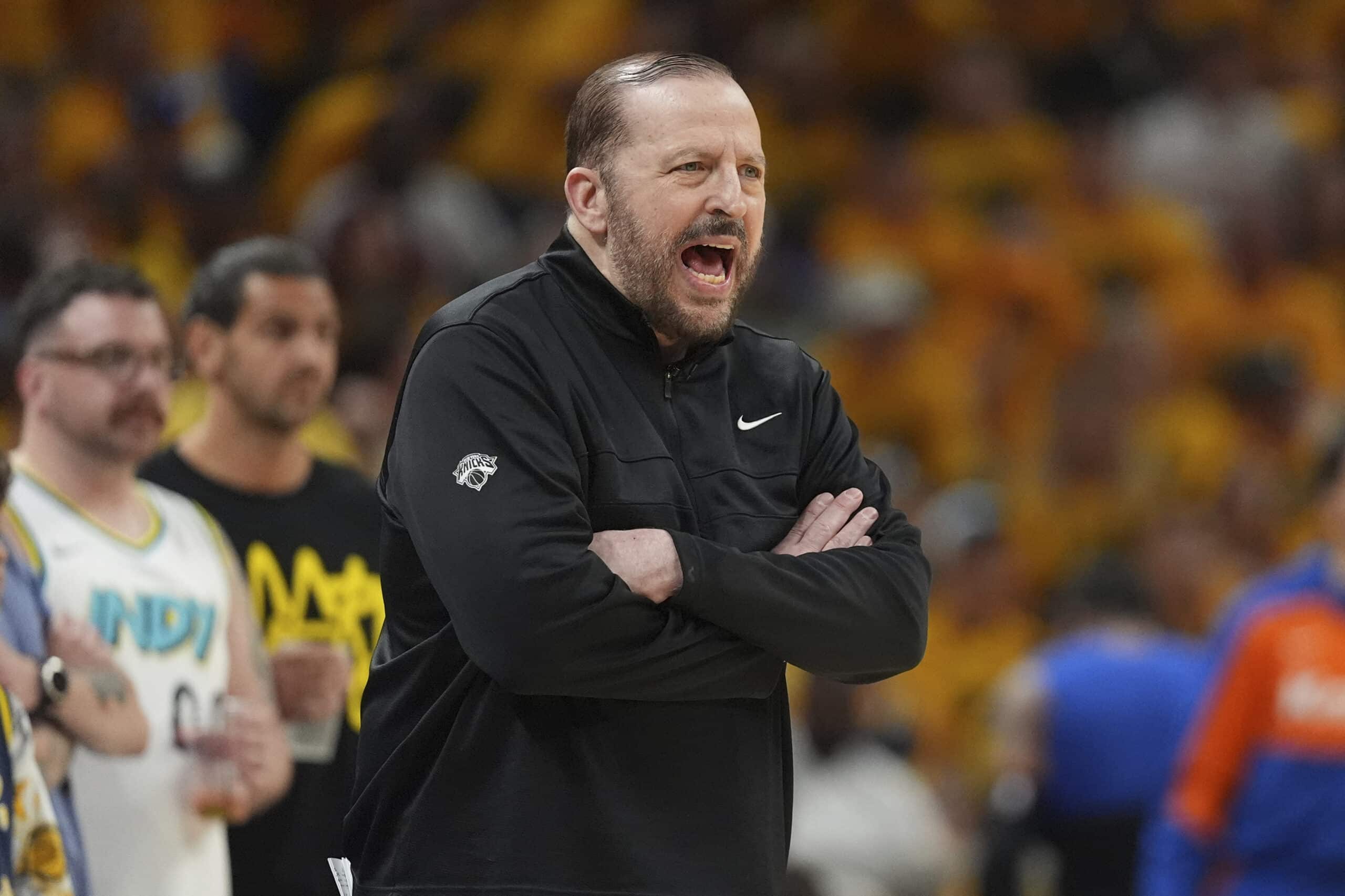 New York Knicks head coach Tom Thibodeau yells from the sideline during the first half of Game 6 of the Eastern Conference finals of the NBA basketball playoffs against the Indiana Pacers in Indianapolis, Saturday, May 31, 202